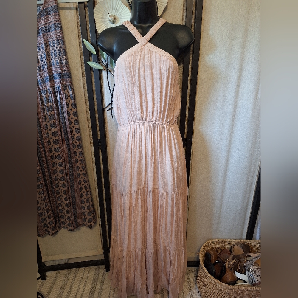 Blush Pink Pleated Halter Maxi Dress for Weddings